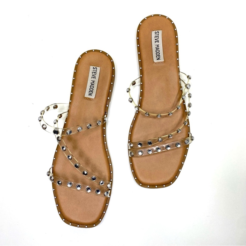 Steve Madden Clear Strappy Sandals Sz 10 Rhinestone Studded Slip On Slides